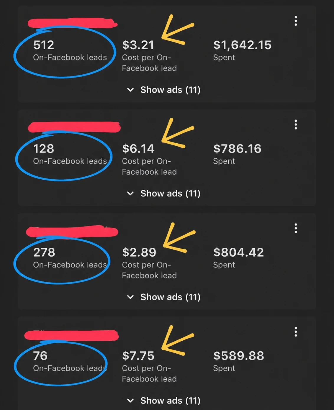 Meta Ads — 4 campaigns. CPL $2.89–$7.75.